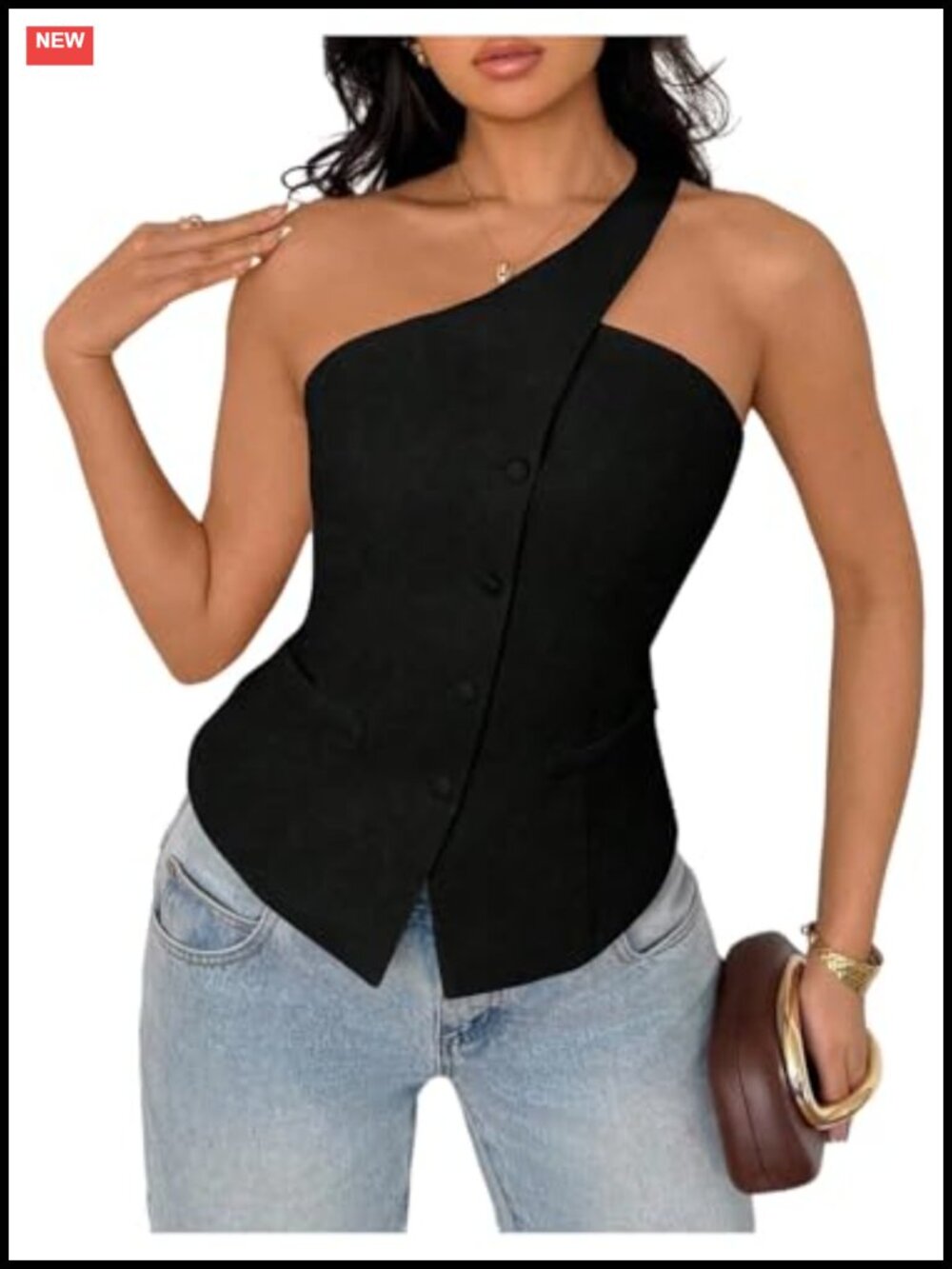 One Shoulder Sleeveless Button Down Suit Vest Blazer